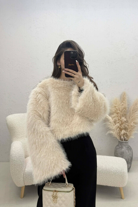 ONE COLOR FAUX FUR WOMAN SWEATSHIRT BEIGE/BEZHE 