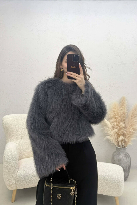 ONE COLOR FAUX FUR WOMAN SWEATSHIRT DARK GREY/GEE 