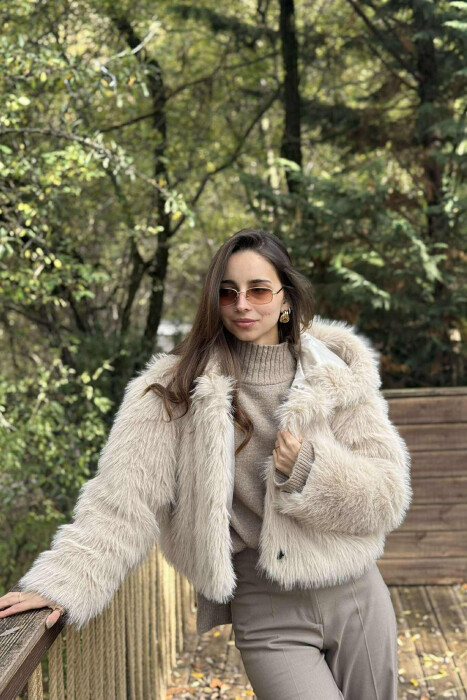 ONE COLOR FAUX FUR WOMEN JACKET BEIGE/BEZHE - 3