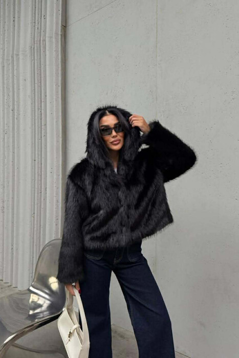 ONE COLOR FAUX FUR WOMEN JACKET BLACK/ E ZEZE - 1