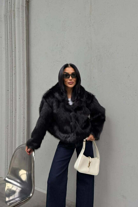 ONE COLOR FAUX FUR WOMEN JACKET BLACK/ E ZEZE - 3