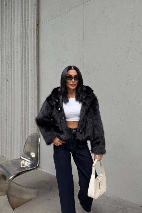 ONE COLOR FAUX FUR WOMEN JACKET BLACK/ E ZEZE - 5