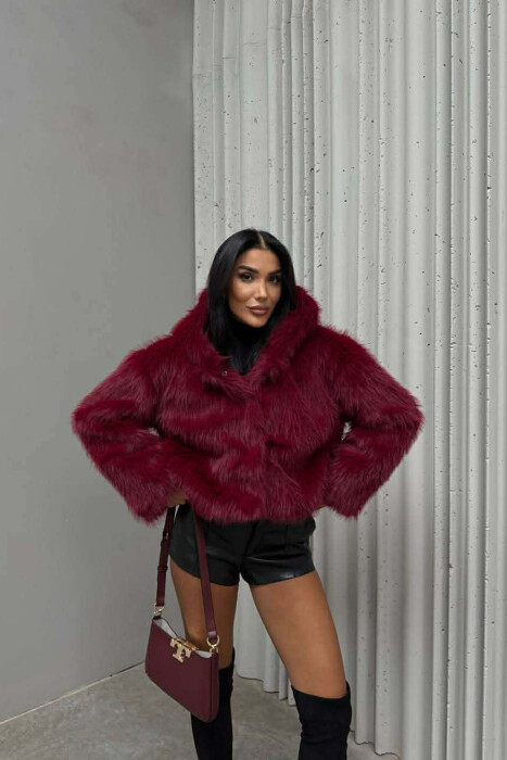ONE COLOR FAUX FUR WOMEN JACKET BURGUNDY/VISHNJE - KLAUDIO FASHION