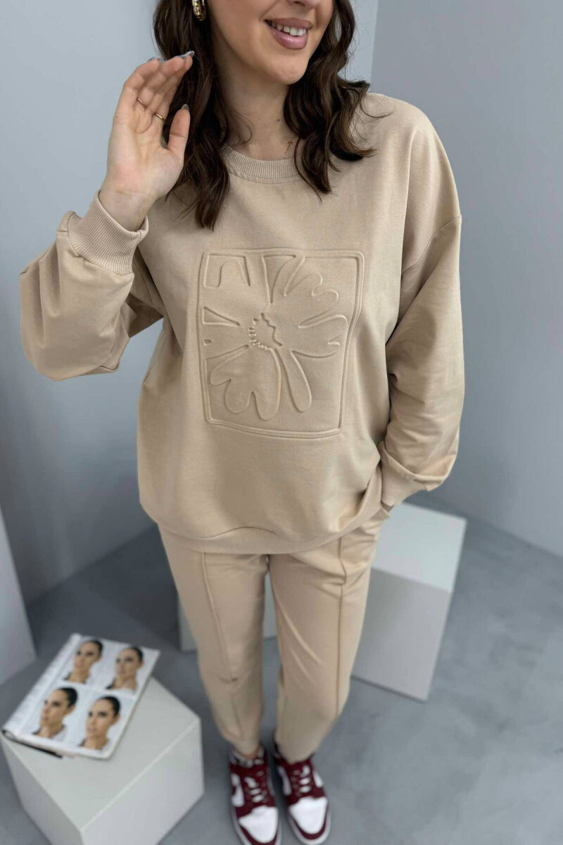 ONE COLOR FLOWER DESIGN SWEATSHIRT+JOGGERS WOMEN SET BEIGE/BEZHE - 5