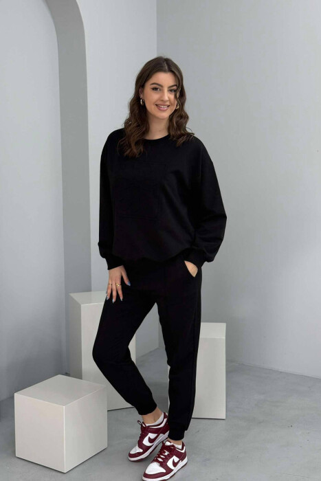 ONE COLOR FLOWER DESIGN SWEATSHIRT+JOGGERS WOMEN SET BLACK/ E ZEZE - 1