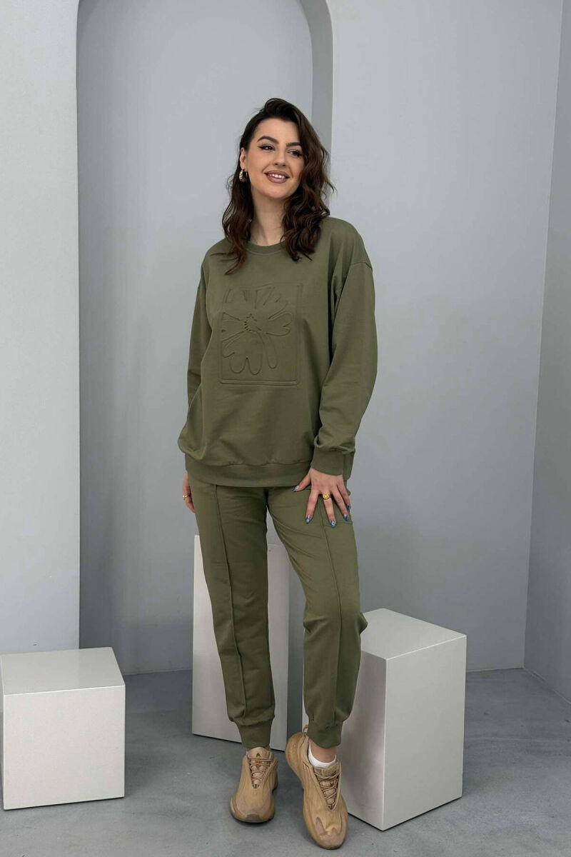 ONE COLOR FLOWER DESIGN SWEATSHIRT+JOGGERS WOMEN SET OLIVE/ULLI - 1