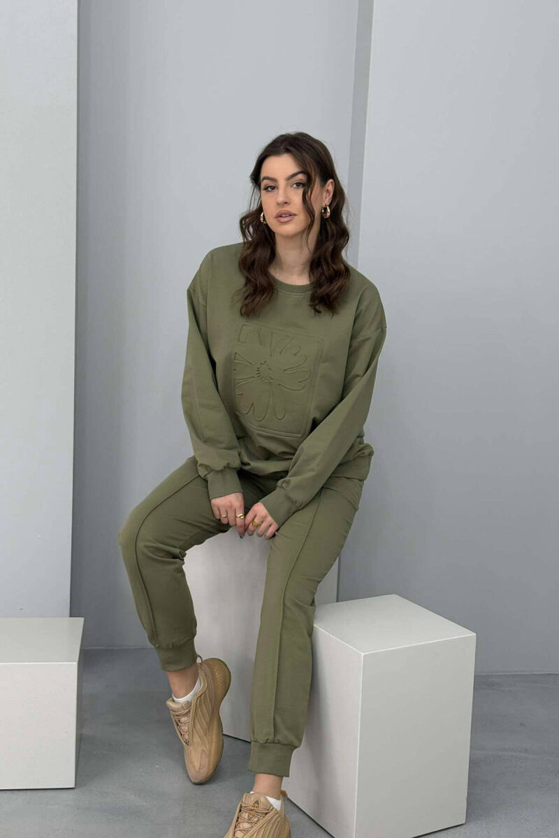 ONE COLOR FLOWER DESIGN SWEATSHIRT+JOGGERS WOMEN SET OLIVE/ULLI - 5