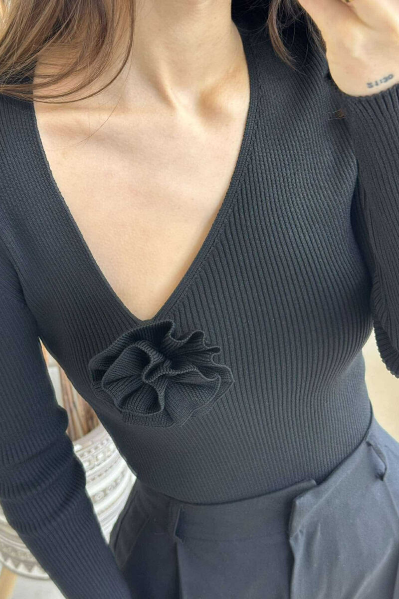 ONE COLOR FLOWER DETAIL WOMEN SWEATER BLACK/ E ZEZE - 4