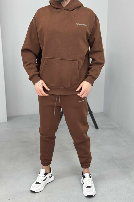 ONE COLOR FLUFFY BACK DESIGN HOODIE+JOGGERS MEN SET BROWN/KAFE - KLAUDIO FASHION