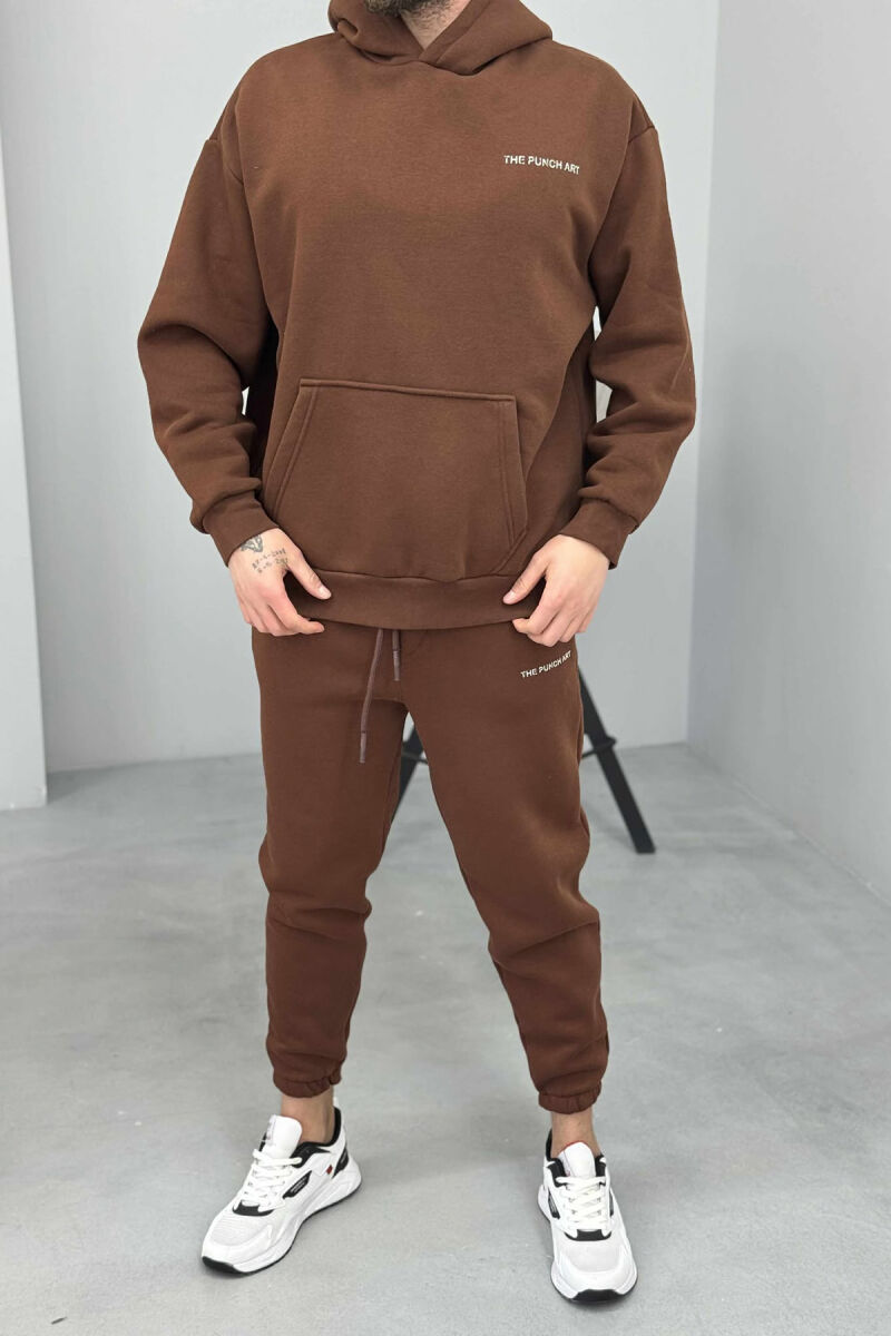 ONE COLOR FLUFFY BACK DESIGN HOODIE+JOGGERS MEN SET BROWN/KAFE - 1