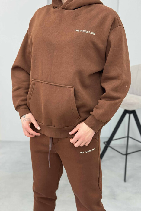 ONE COLOR FLUFFY BACK DESIGN HOODIE+JOGGERS MEN SET BROWN/KAFE - 2