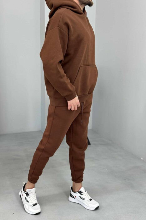 ONE COLOR FLUFFY BACK DESIGN HOODIE+JOGGERS MEN SET BROWN/KAFE - 3