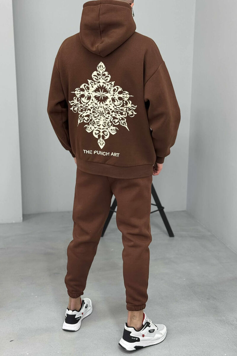 ONE COLOR FLUFFY BACK DESIGN HOODIE+JOGGERS MEN SET BROWN/KAFE - 4