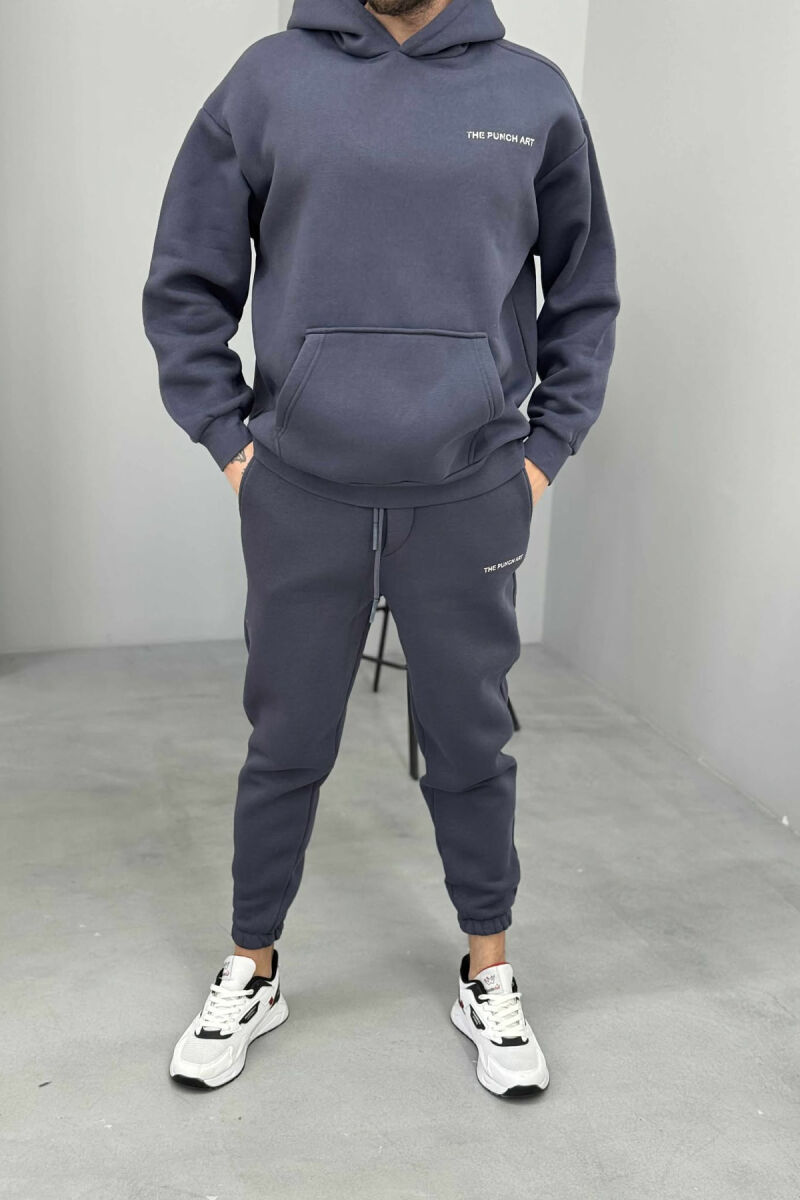 ONE COLOR FLUFFY BACK DESIGN HOODIE+JOGGERS MEN SET DARK GREY/GEE - 1