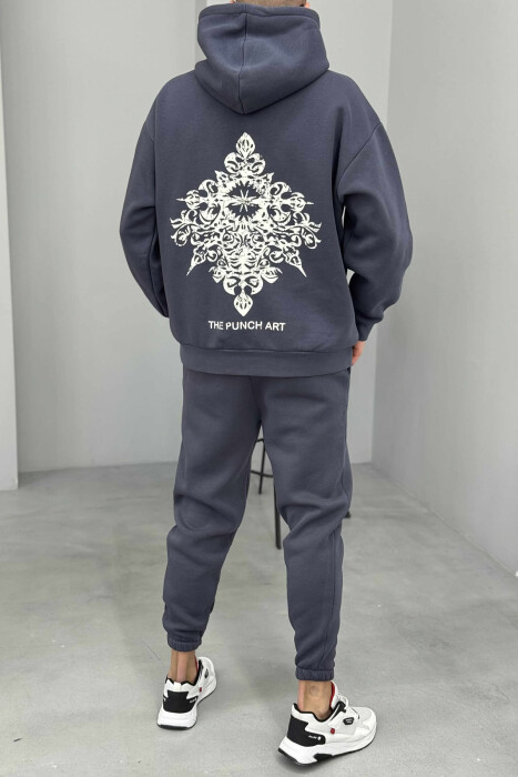 ONE COLOR FLUFFY BACK DESIGN HOODIE+JOGGERS MEN SET DARK GREY/GEE - 4