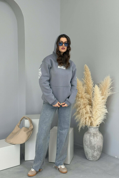 ONE COLOR FLUFFY BACK WRITTING WOMEN HOODIE GREY/GRI 