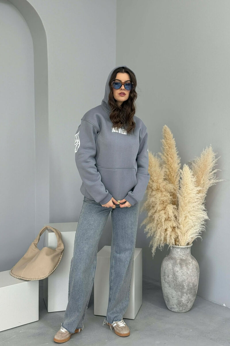 ONE COLOR FLUFFY BACK WRITTING WOMEN HOODIE GREY/GRI - 1