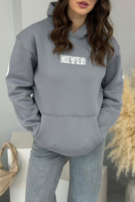 ONE COLOR FLUFFY BACK WRITTING WOMEN HOODIE GREY/GRI - 2