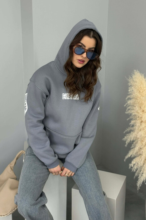 ONE COLOR FLUFFY BACK WRITTING WOMEN HOODIE GREY/GRI - 4