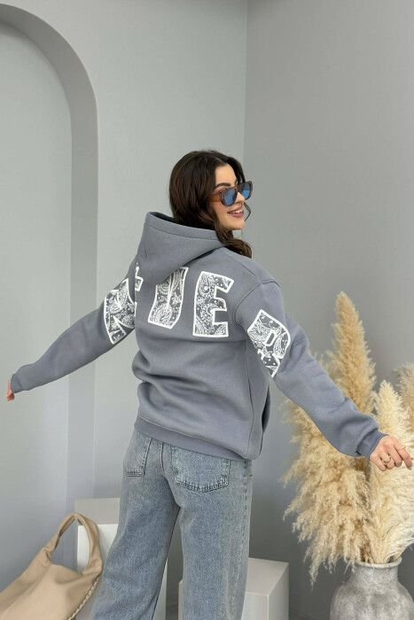 ONE COLOR FLUFFY BACK WRITTING WOMEN HOODIE GREY/GRI - 5