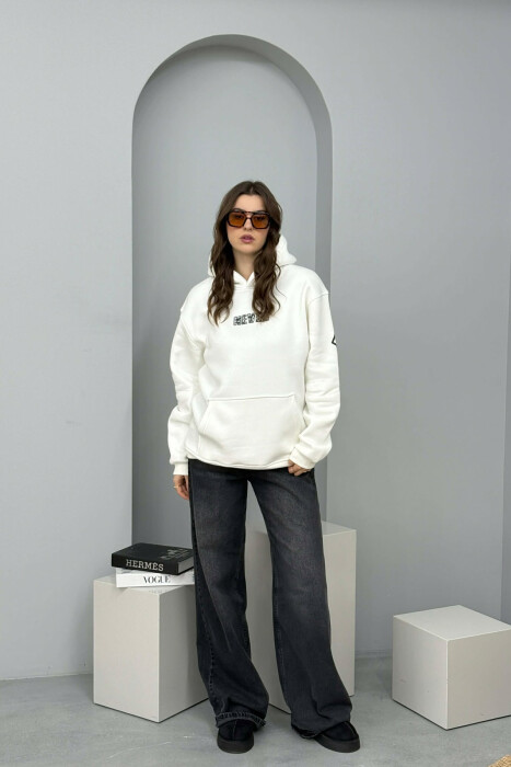 ONE COLOR FLUFFY BACK WRITTING WOMEN HOODIE WHITE-E BARDHE 