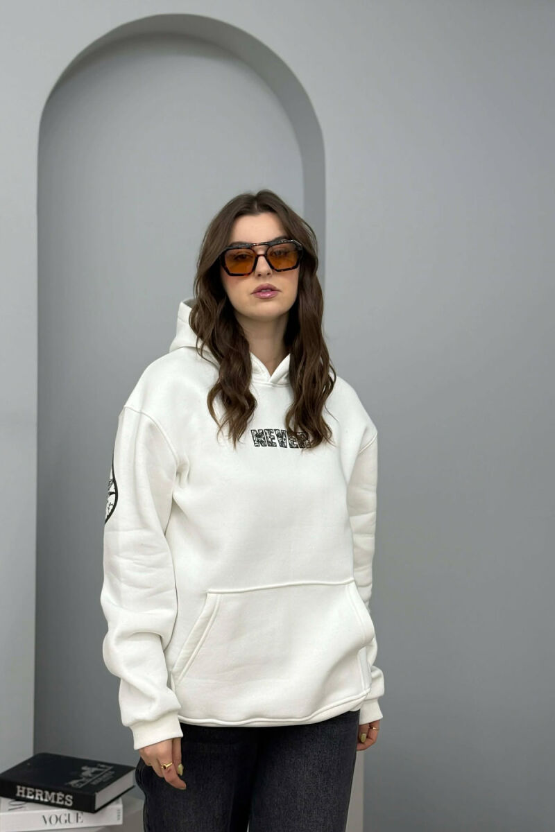 ONE COLOR FLUFFY BACK WRITTING WOMEN HOODIE WHITE-E BARDHE - 3