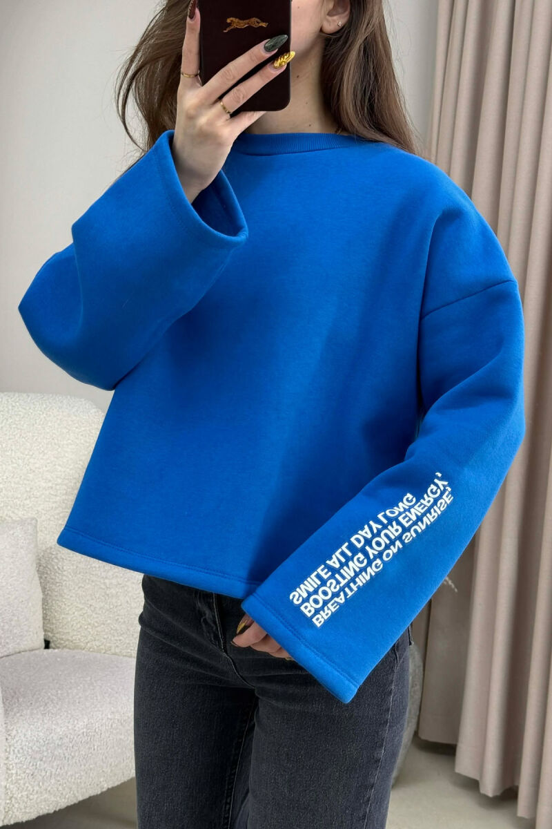 ONE COLOR FLUFFY BACK WRITTINGS WOMEN SWEATSHIRT BLUE/BLU - 2