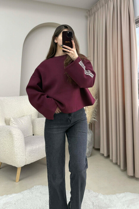 ONE COLOR FLUFFY BACK WRITTINGS WOMEN SWEATSHIRT BURGUNDY/VISHNJE - 2