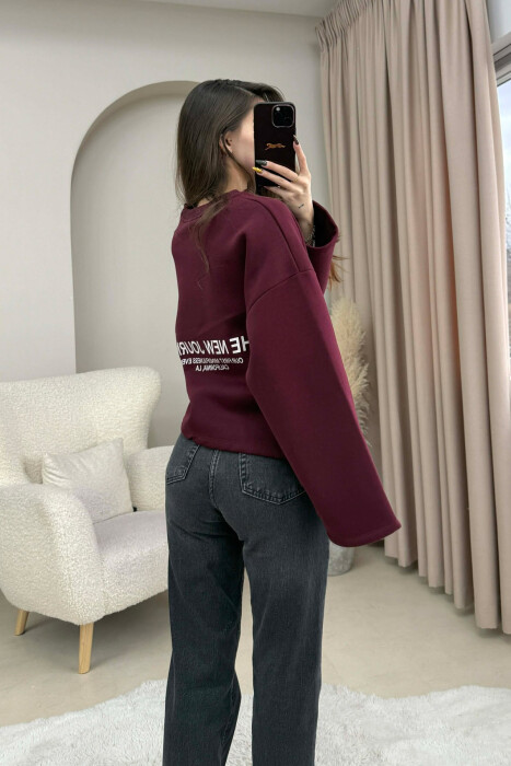 ONE COLOR FLUFFY BACK WRITTINGS WOMEN SWEATSHIRT BURGUNDY/VISHNJE - 3