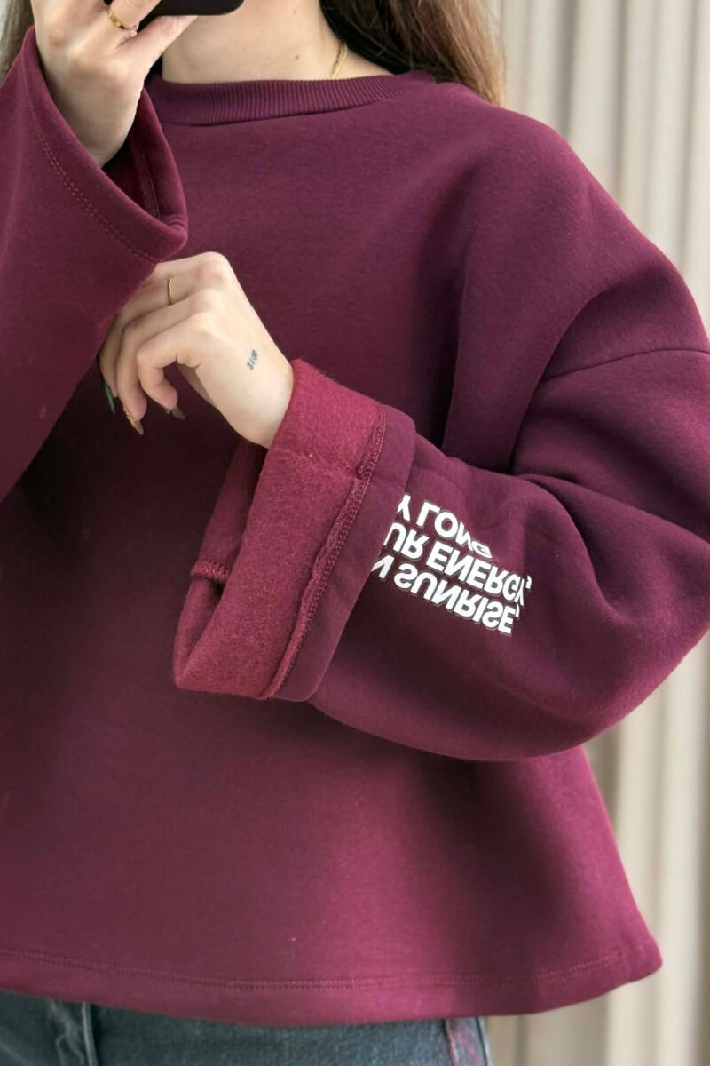 ONE COLOR FLUFFY BACK WRITTINGS WOMEN SWEATSHIRT BURGUNDY/VISHNJE - 4
