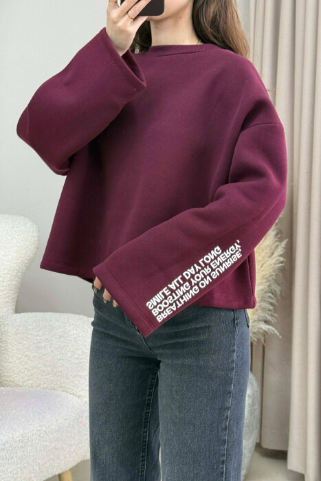 ONE COLOR FLUFFY BACK WRITTINGS WOMEN SWEATSHIRT BURGUNDY/VISHNJE - 5