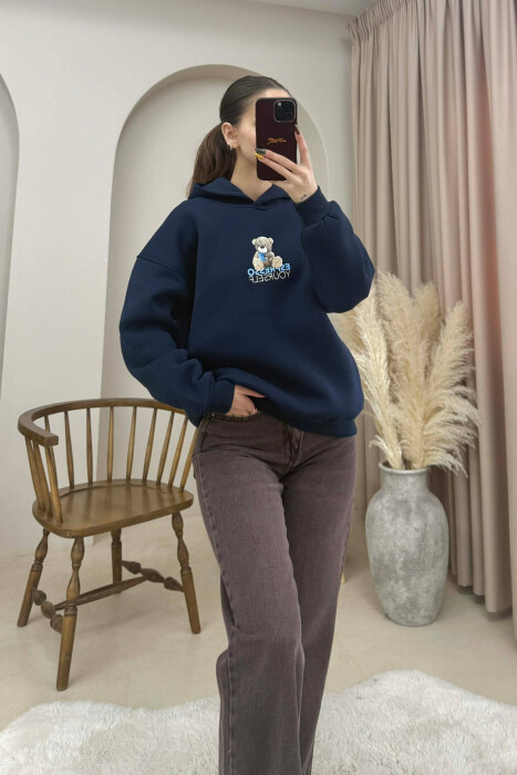 ONE COLOR FLUFFY BEAR IMAGE WOMEN HOODIE BLUE/BLU 