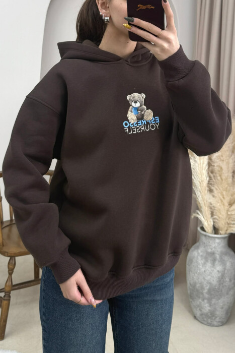 ONE COLOR FLUFFY BEAR IMAGE WOMEN HOODIE BROWN/KAFE - 3
