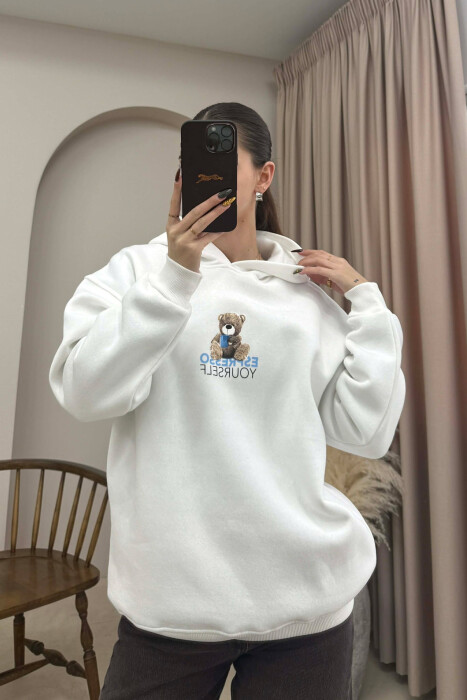 ONE COLOR FLUFFY BEAR IMAGE WOMEN HOODIE WHITE-E BARDHE - 2