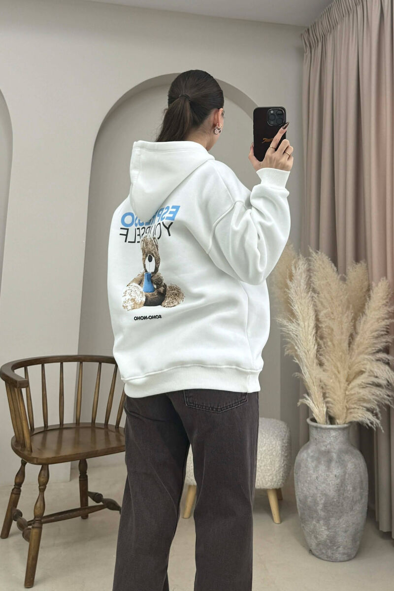 ONE COLOR FLUFFY BEAR IMAGE WOMEN HOODIE WHITE-E BARDHE - 4