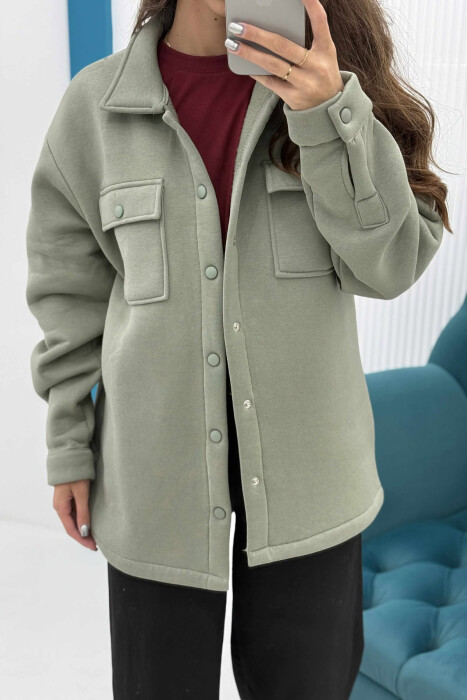 ONE COLOR FLUFFY BUTTONS WOMEN JACKET MINT/MENTE - 7