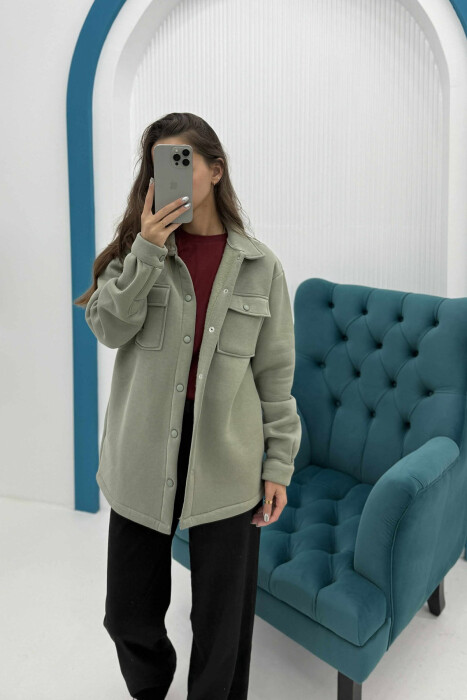 ONE COLOR FLUFFY BUTTONS WOMEN JACKET MINT/MENTE - 4