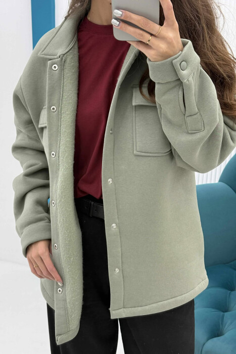 ONE COLOR FLUFFY BUTTONS WOMEN JACKET MINT/MENTE - 6