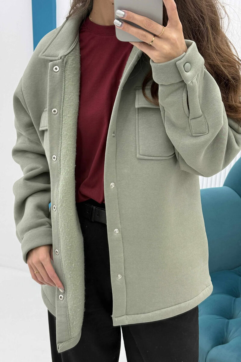 ONE COLOR FLUFFY BUTTONS WOMEN JACKET MINT/MENTE - 6