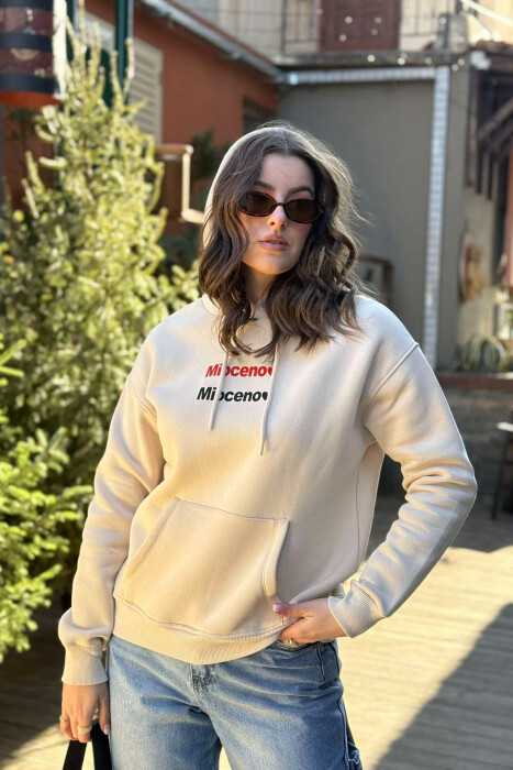 ONE COLOR FLUFFY FRONT WRITTINGS WOMEN HOODIE BEIGE/BEZHE - 3