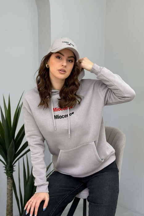 ONE COLOR FLUFFY WOMEN HOODIE IN GREY COLOR 