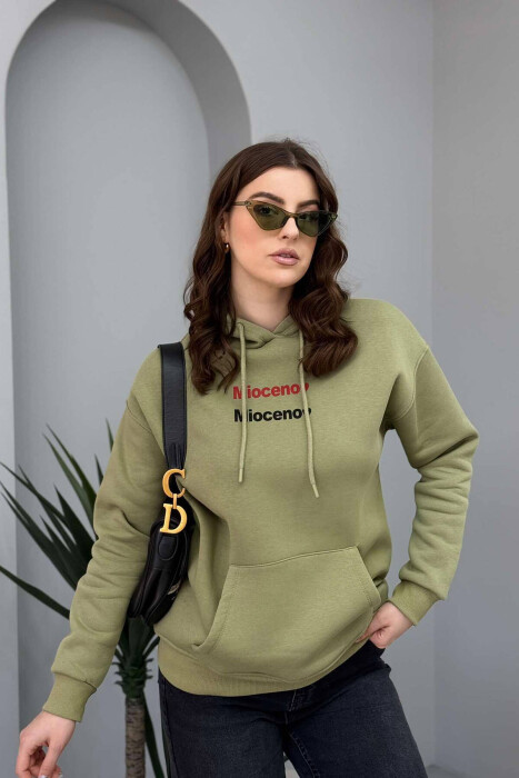 ONE COLOR FLUFFY WOMEN HOODIE IN OLIVE GREEN COLOR 