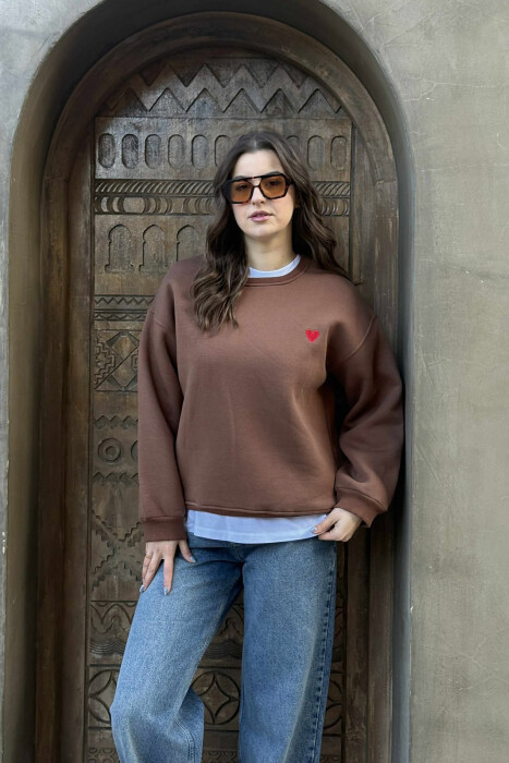 ONE COLOR FLUFFY HEART LOGO WOMEN SWEATSHIRT BROWN/KAFE 