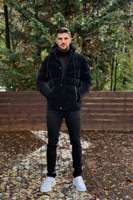 ONE COLOR FLUFFY HOODED MEN PUFFER JACKET BLACK/ E ZEZE - 1