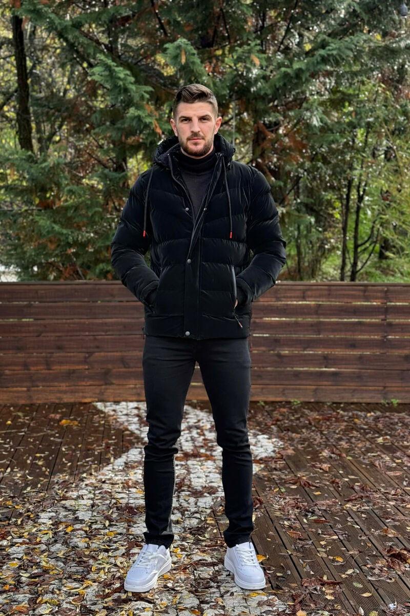 ONE COLOR FLUFFY HOODED MEN PUFFER JACKET BLACK/ E ZEZE - 1