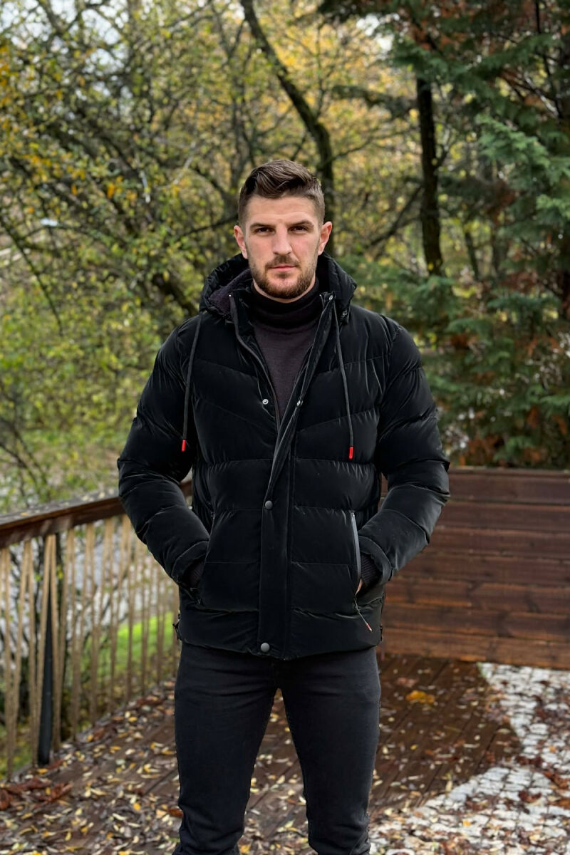 ONE COLOR FLUFFY HOODED MEN PUFFER JACKET BLACK/ E ZEZE - 2