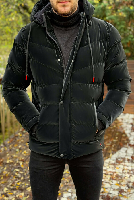 ONE COLOR FLUFFY HOODED MEN PUFFER JACKET BLACK/ E ZEZE - 3