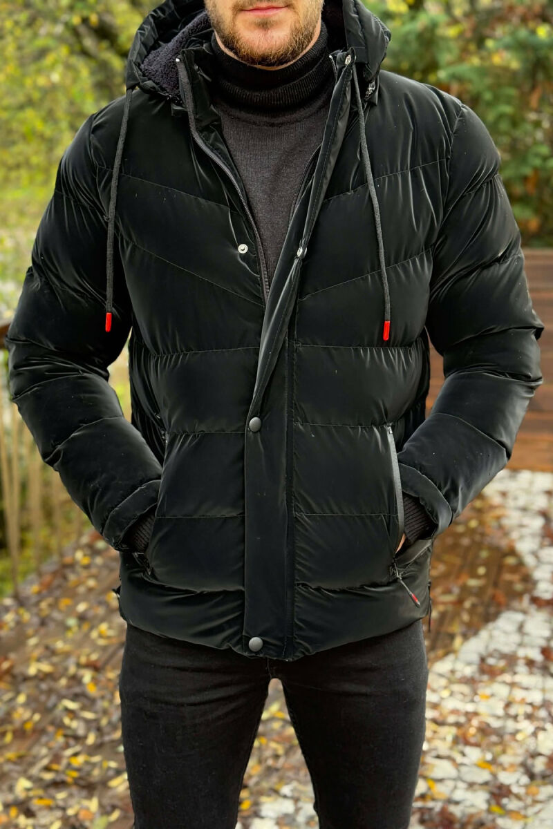 ONE COLOR FLUFFY HOODED MEN PUFFER JACKET BLACK/ E ZEZE - 3