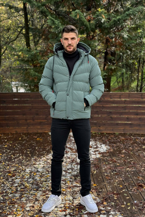 ONE COLOR FLUFFY HOODED MEN PUFFER JACKET BLUE STONE/GK - 1