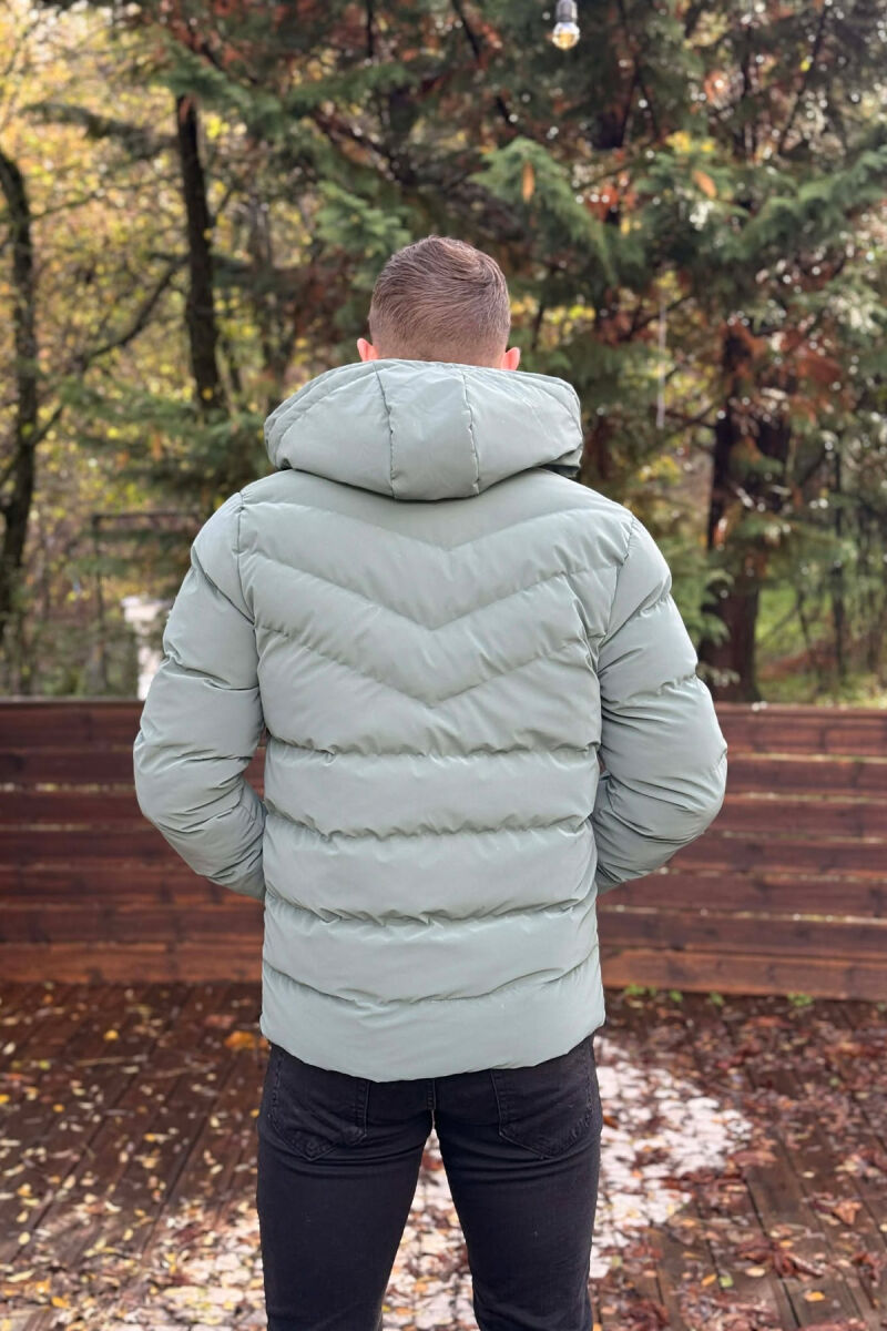 ONE COLOR FLUFFY HOODED MEN PUFFER JACKET BLUE STONE/GK - 3